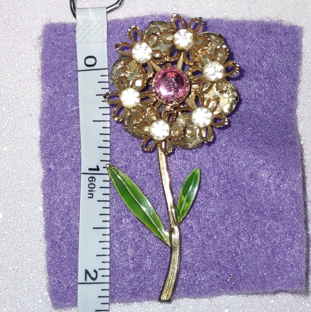 Vintage Rhinestone & Enamel Flower Brooch - Picture 5 of 16